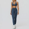 Conjunto de yoga azul marino de dos piezas con sujetador halter y mallas de talle alto - S / Sujetador+Leggings-Azul Grisáceo