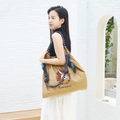 Khaki embroidered canvas tote bag with rabbit print and blue adjustable woven straps - Khaki Beauty Rabbit (Without Strap)