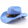 Detail of sky blue suede cowboy hat with paisley band and rhinestone heart buckle - M (56-58cm) / Deep Sky Blue