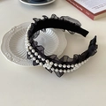 Elegant black lace braided headband with double rows of pearls on white ceramic plate - 210506 Black