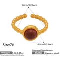 Detail of 18k gold plated stainless steel bead ring with 0.9cm brown sandstone inlay - Size 7 / Goldstone Beaded Style (Y176)-Gold
