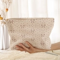 Beige corduroy makeup bag featuring pink bow and polka dot print with zipper closure - Beige Pink Bow Polka Dot Texture (XW221500)