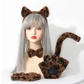 Leopard print plush cat cosplay set with ears headband paws gloves and tail - Cat Set (Headband+Choker+Gloves+Tail) / Brown Leopard
