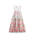 Abito lungo in tulle bianco con ricami floreali rosa e corpetto a punto smock - XS / Rosa