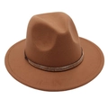 Detail of a brown wool fedora hat with triple-row rhinestone beaded band on white background - M(56-58cm) / Khaki