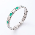 Italian modular charm bracelet in silver stainless steel with green rectangle link inserts - Silver Base Green Square Module Style