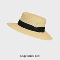 Chapeau de paille beige à bord plat style français avec ruban noir pour protection solaire - Réglable (54-58cm) / Beige Ruban Noir (0404)