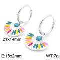 Colorful striped fan-shaped titanium steel hoop earrings with turquoise bead detail - Multicolor Enamel / Steel Color (KE113284-HM)