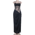 Close-up of black lace patchwork and side slit on this slim fit evening dress - XS / Black