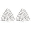 Detailed view of silver triangle stud earrings with radiating geometric striped texture - Triangle Pleated Style (3731) / Silver