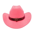 Dettaglio del cappello da cowboy rosa scamosciato con fascia leopardata e fibbia - Rosa Pesca (Cintura Testa di Leopardo)