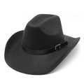 Classic black wool western cowboy hat with leather band and metal buckle on white background - M (56-58cm) / Black