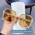 Chic square sunglasses in cream frames and yellow lenses with matching hard case - Beige Frame Yellow Lens