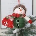 Detail of green metal bell with star cutouts and plush snowman for Christmas tree decor - Red and Green Snowman