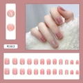 Pink glitter gradient press-on nails set with natural short square shape finish - Pink Transparent Sparkling (Glue Style)