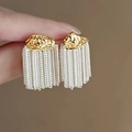 Golden lava texture stud earrings with silver chain tassels held by hand - 7# Two-tone Hammered Tassel