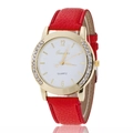 Elegant Geneva women's quartz watch with red leather strap and gold rhinestone case - Red