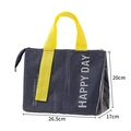 Navy blue insulated lunch bag with yellow handles and Happy Day text, size 26.5x17x20cm - Dopamine Style / Navy Blue