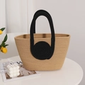 Handwoven khaki and black straw tote bag for summer beach vacations and daily commute - Coffee/Black