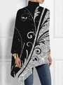 Detalle del estampado paisley plateado en túnica negra con dobladillo asimétrico - S / Parte Superior (Estampado de Remolino Negro y Plata-Y53078)