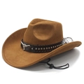 Brown faux suede western cowboy hat with silver bull head buckle and riveted leather band - M (56-58cm) / Khaki
