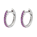 Detail view of silver hoop earrings featuring sparkling purple zircon stones on a white background - Silver Purple Stone
