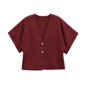 Burgundy short sleeve knit cardigan with V-neck and gold buttons on white background - S / Dark Red