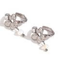 Manchette d'oreille fleur argentée avec cristal et perle baroque pendante - Ear Cuff Fleur Mignonne avec Strass et Perle - Couleur Acier