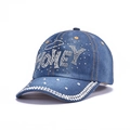 Blue denim baseball cap with sparkling silver rhinestone Honey text and crown - 21-HONEY Letters-Medium Blue
