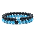 Detailed view of 8mm matte black lava stone and blue turquoise beaded couple bracelets set - Matte Black + Blue Turquoise