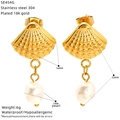 Gold stainless steel starfish and conch earrings with pearls and technical dimensions - Seashell Design (SE454G)