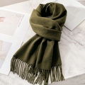 Olive green pure wool scarf with fringe tassels on white marble background texture - New Army Green