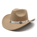 Detail of western cowboy hat with white leather band and vintage silver buckles - M (56-59cm) / Camel