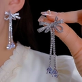 Silver bow earrings with long tassels and sparkling zircons for an elegant and luxury style - 17#E5387 Silver