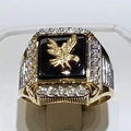 Golden men's ring with eagle relief on black inlay and sparkling zircon halo - US 9 / AJZ129 Gold (Eagle Zirconia)
