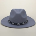 Detail of grey felt fedora featuring black leather band with silver studs and floral buckle - M (56-58cm) / Rivet Cross Flower Belt Style / Gray