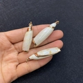 Three pieces of white shell pendants with golden metallic trim and hanging rings - No.19 (White-Brown Spotted Stone/Shell - Gold Trim)