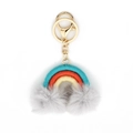 Rainbow woven keychain with blue red yellow cotton ropes and grey pompom tassels - Light Gray
