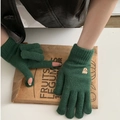 Winter thermal knit bear embroidery gloves for women with touch screen design - Dark Green