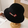 Cappello a secchiello in peluche nero con toppa a fungo e cinturino decorativo - M (56-58cm) / 5086 Nero con Toppa Mela