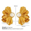 18K gold plated stainless steel flower earrings featuring elegant imitation pearl inlay - Artificial Pearl Gold Earrings (EH797WEG)