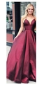 Elegant burgundy satin evening dress with spaghetti straps and a deep V-neckline - US size 2 (S) / Wine Red Style A