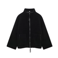 Detail of black faux shearling texture, metal zipper, and large patch pockets on a high collar jacket - Black