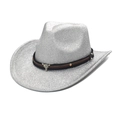 Chapeau de cowboy argenté scintillant avec ornement de crâne de taureau en métal sur fond blanc - M (56-58cm) / Argenté