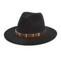 Classic black wide brim fedora with vintage leather band and bronze rivets for men and women - M (56-58cm) / Black