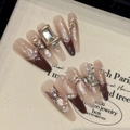 French blush gradient stiletto press-on nails with butterfly charms, rhinestones and pearls - Large (L) / Extra Long Stiletto