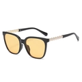 Retro oversized sunglasses with amber lenses and elegant white pearl chain temple decor - Bright Black Frame Pearl Temple Yellow Lens