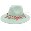 Mint green wool fedora hat with bohemian shell ornaments and colorful tassels - Mint Green