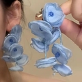 Detail of blue mesh flower drop earrings with pearls showing elegant long tassel design - Blue Flower Tassel (4#)