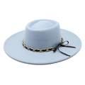 Detail of light blue felt fedora hat featuring gold chain trim and black bow accent - M (56-58cm) / Sky Blue
